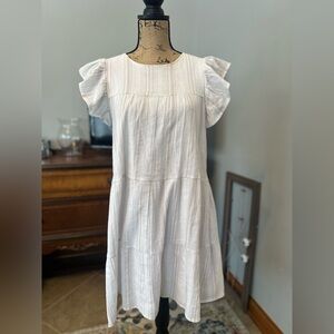 Altar’s State White with Tan Stripes Ruffle Sleeve Dress. Small. Like 🆕